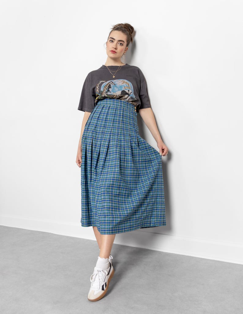 Etsy PLAID MAXI SKIRT Vintage 90's Blue Checkered Pattern Fall Spring High Waist / Inch Waist