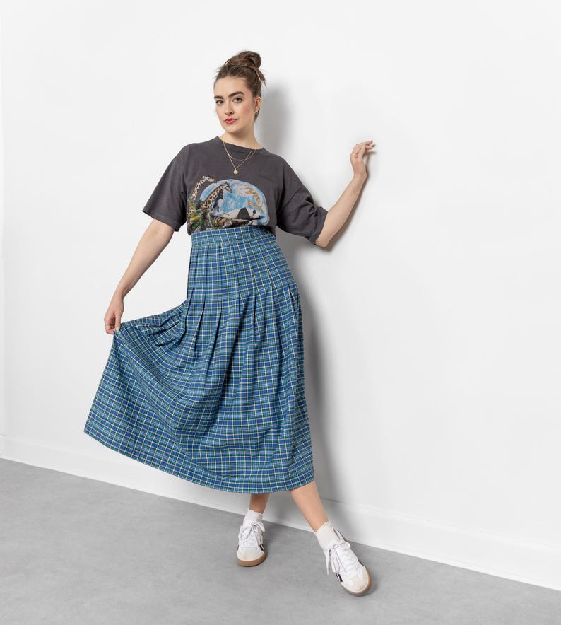 Etsy PLAID MAXI SKIRT Vintage 90's Blue Checkered Pattern Fall Spring High Waist / Inch Waist