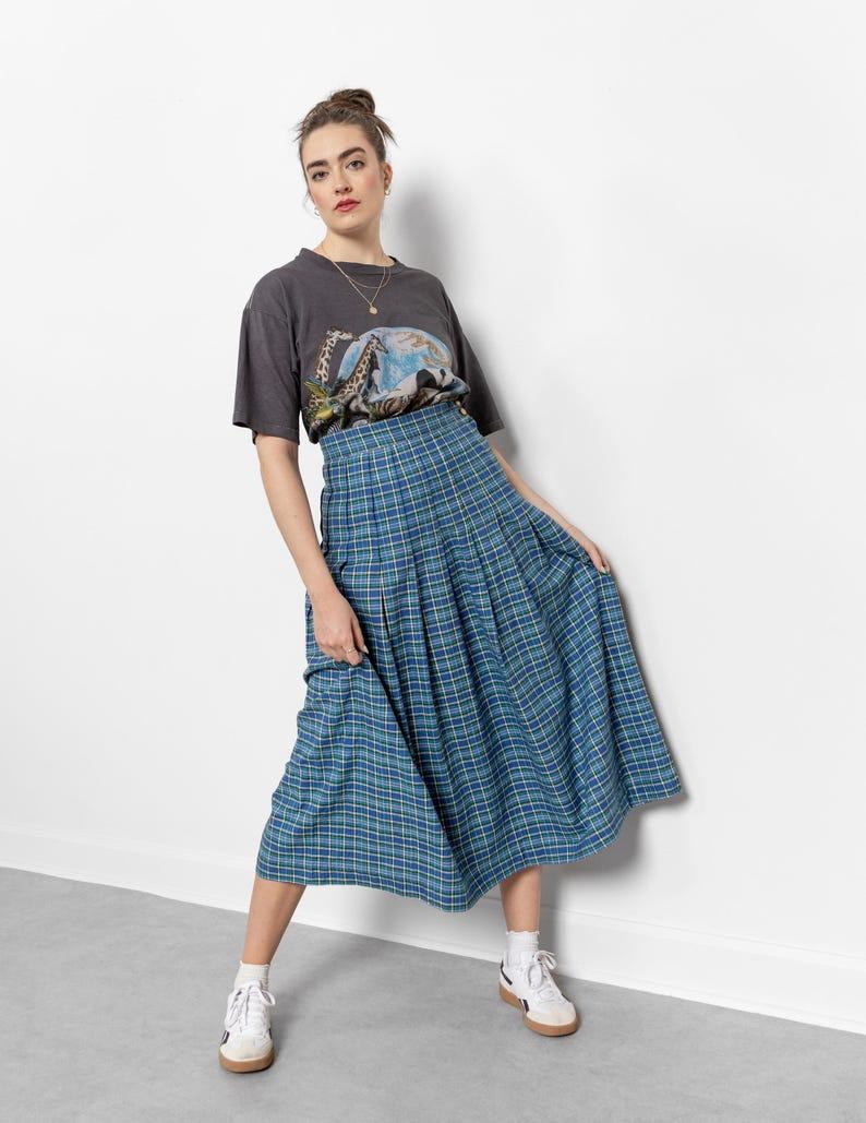 etsy PLAID MAXI SKIRT Vintage 90's Blue Checkered Pattern Fall Spring High Waist / Inch Waist