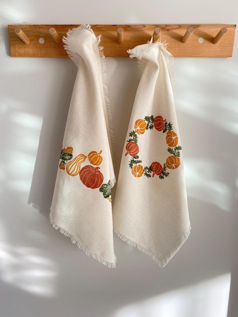 Etsy Pumpkin Tea Towel Set Of 2 Handprinted Cotton Dish Cloth Fall Kitchen Towel Autumn Kitchen Decor Halloween Kitchen Decor