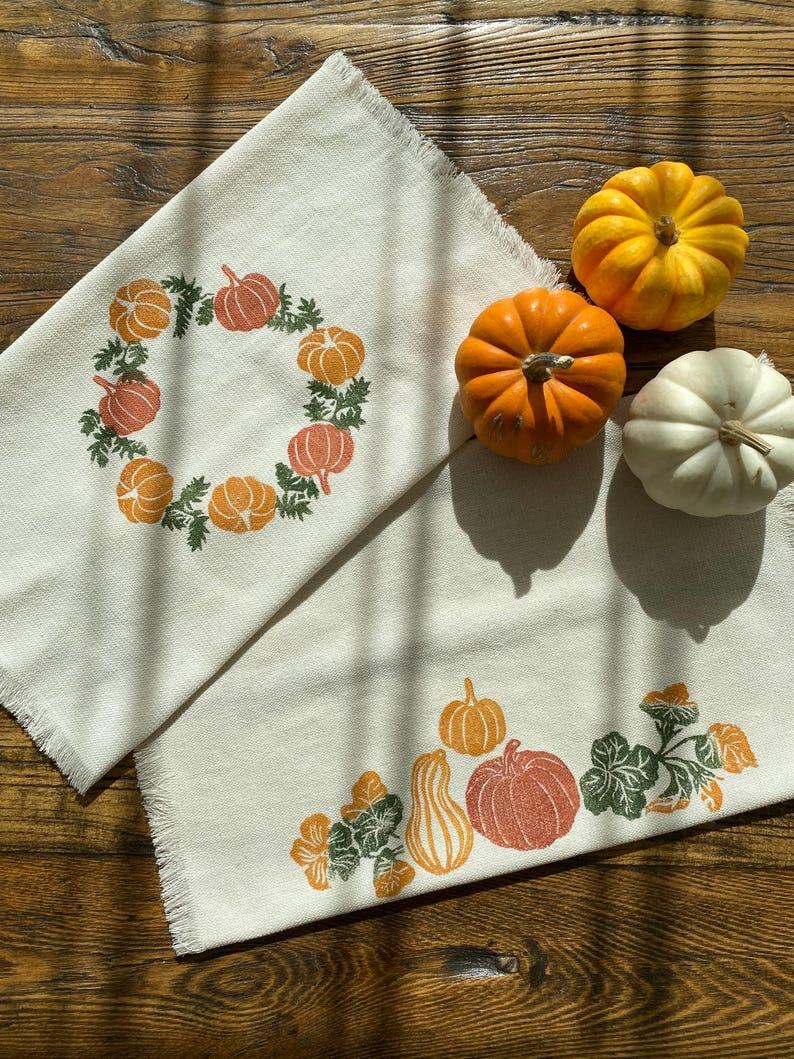 etsy Pumpkin Tea Towel Set of 2 Handprinted Cotton Dish Cloth Fall Kitchen Towel Autumn Kitchen Decor Halloween Kitchen Decor