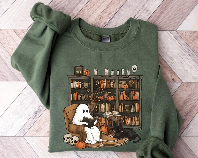 etsy Retro Ghost Reading Books Sweatshirt Librarian Ghost Halloween Halloween Teacher Sweatshirt Halloween Shirt Teacher Gift Boo School