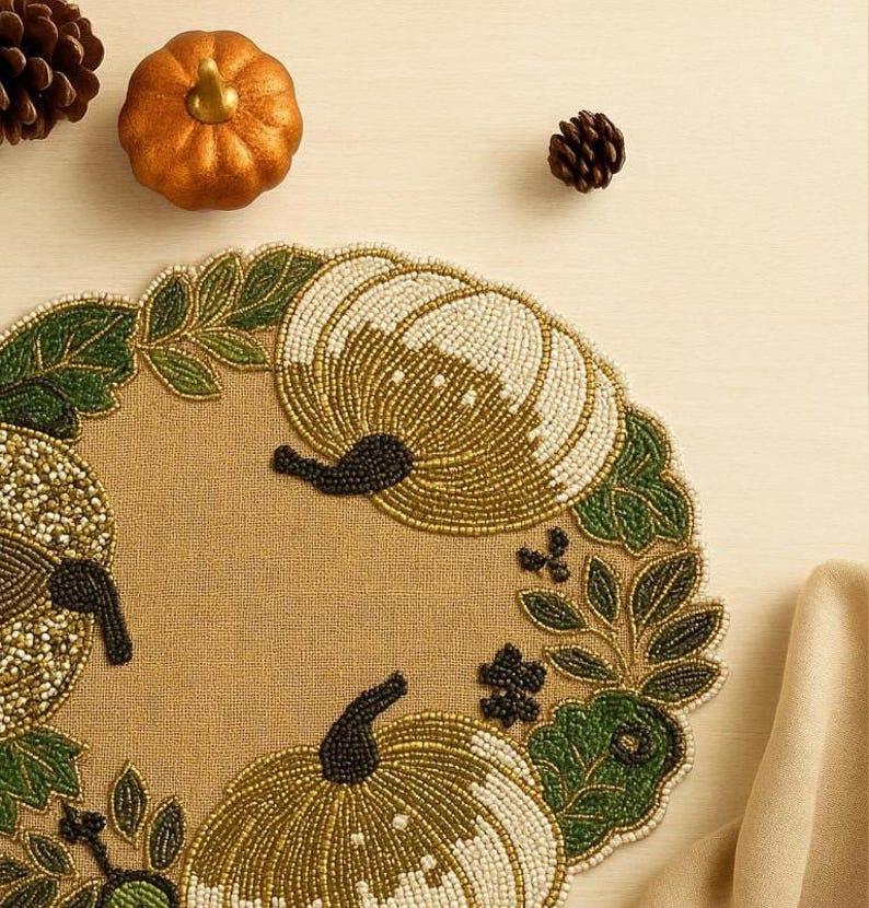 Etsy SET OF 2 Handmade Beaded Pumpkin Placemat – Fall Table Decor For Thanksgiving & Autumn