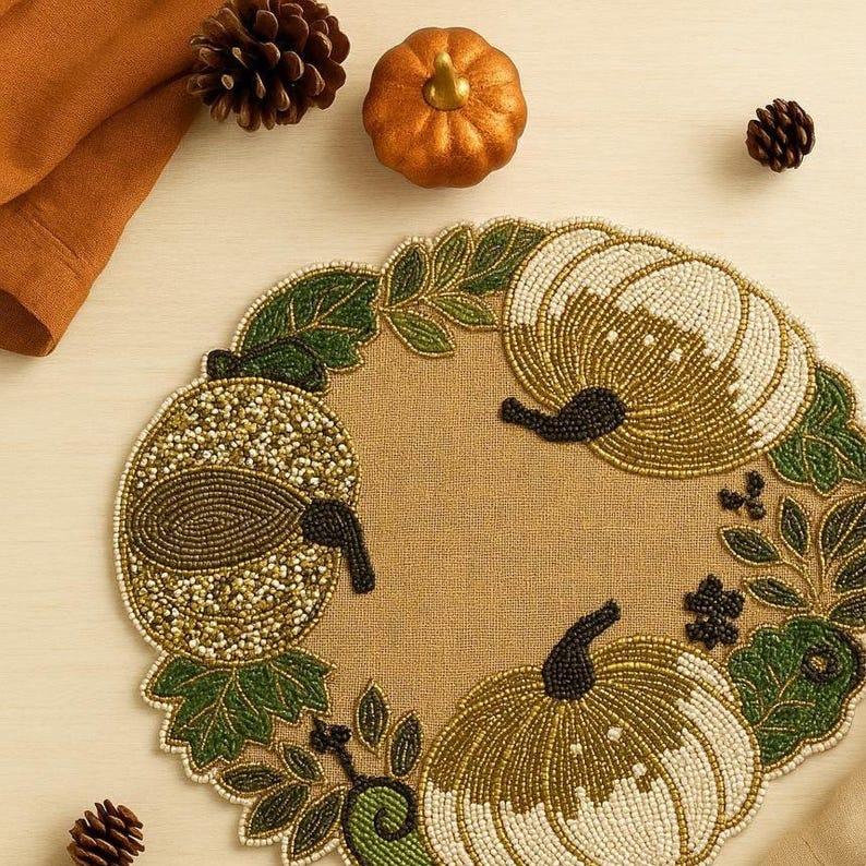 Etsy SET OF 2 Handmade Beaded Pumpkin Placemat – Fall Table Decor For Thanksgiving & Autumn