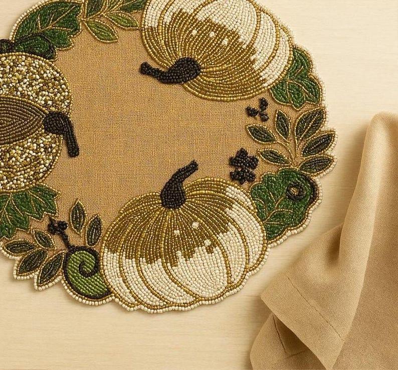 Etsy SET OF 2 Handmade Beaded Pumpkin Placemat – Fall Table Decor For Thanksgiving & Autumn