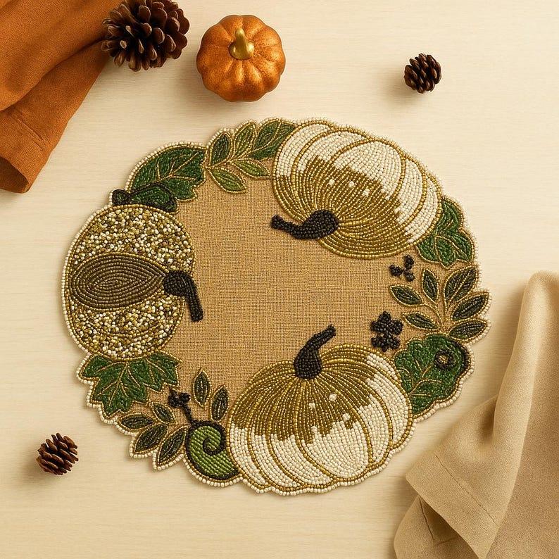 etsy SET OF 2 Handmade Beaded Pumpkin Placemat – Fall Table Decor for Thanksgiving & Autumn