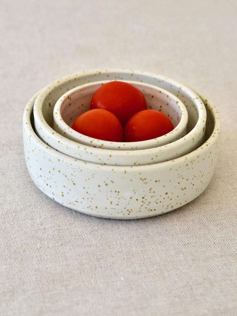 etsy Set of 3 Ceramic Serving Bowls Speckled White and Brown Bowls Small Matte Bowls Nesting Bowls Snacks Bowl Hosting Decor Nibble Bowls