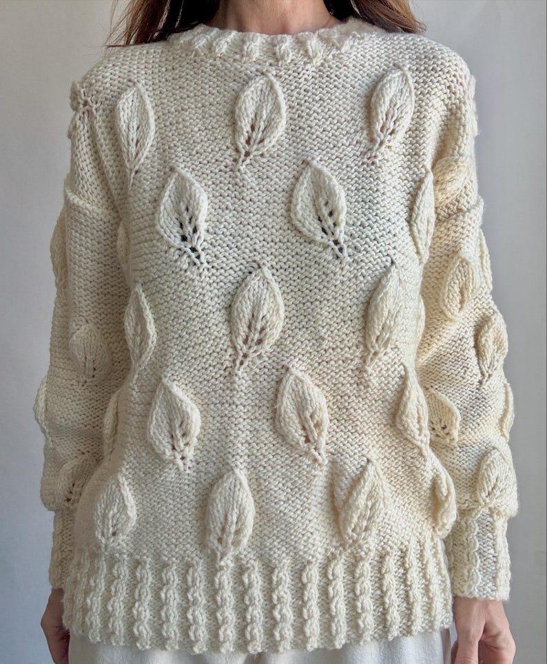 Etsy Vintage Hand Knit Leaf Textured Pattern Crew Neck Long Sleeve Pullover Size M - Cream Color