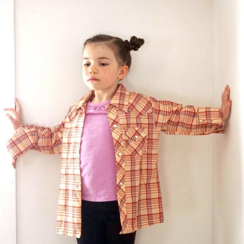 Etsy Vintage Kid's Shirt Plaid Button Front Beige Red Blue Western Style 70s Stir-Ups Long Sleeved Faux Mother Of Pearl Snaps Cuffs Child Size 7
