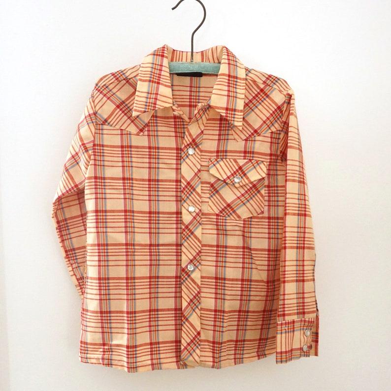 Etsy Vintage Kid's Shirt Plaid Button Front Beige Red Blue Western Style 70s Stir-Ups Long Sleeved Faux Mother Of Pearl Snaps Cuffs Child Size 7