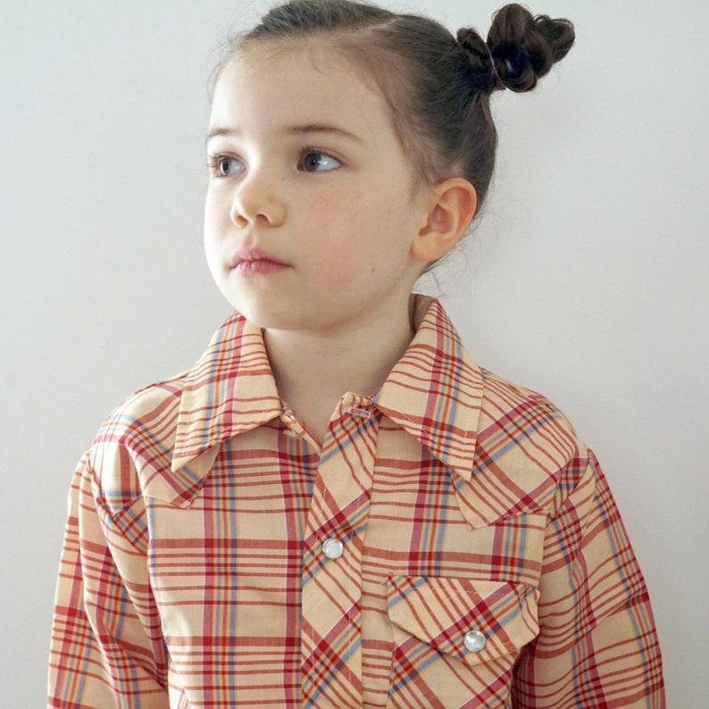 etsy Vintage Kid's Shirt Plaid Button Front Beige Red Blue Western Style 70s Stir-Ups Long Sleeved Faux Mother of Pearl Snaps Cuffs Child Size 7