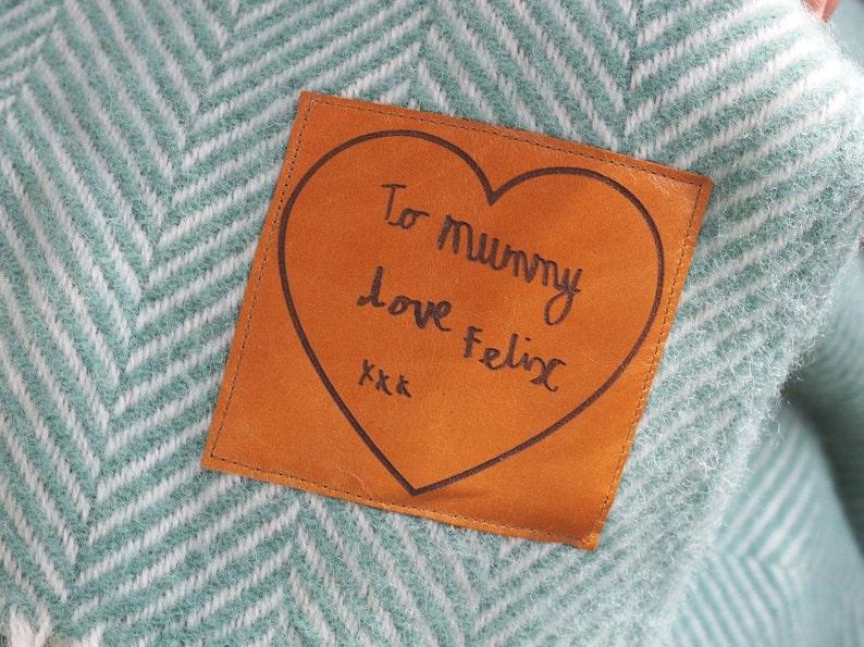 Etsy Woollen Throw Personalized With A Leather Patch With Your Handwritten Message Personalized Blanket Child's Handwriting Mothers Dayblanket