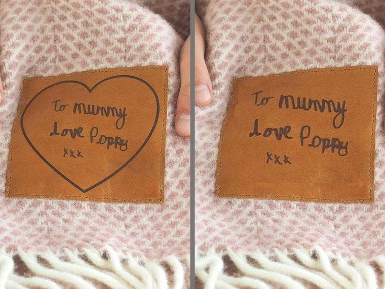 Etsy Woollen Throw Personalized With A Leather Patch With Your Handwritten Message Personalized Blanket Child's Handwriting Mothers Dayblanket