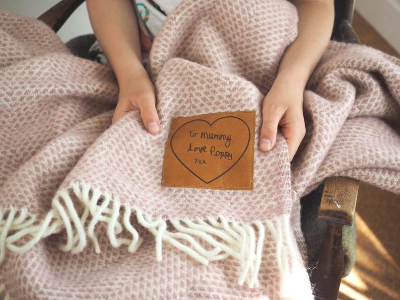 etsy Woollen throw personalized with a leather patch with your handwritten message personalized blanket child's handwriting Mothers dayblanket