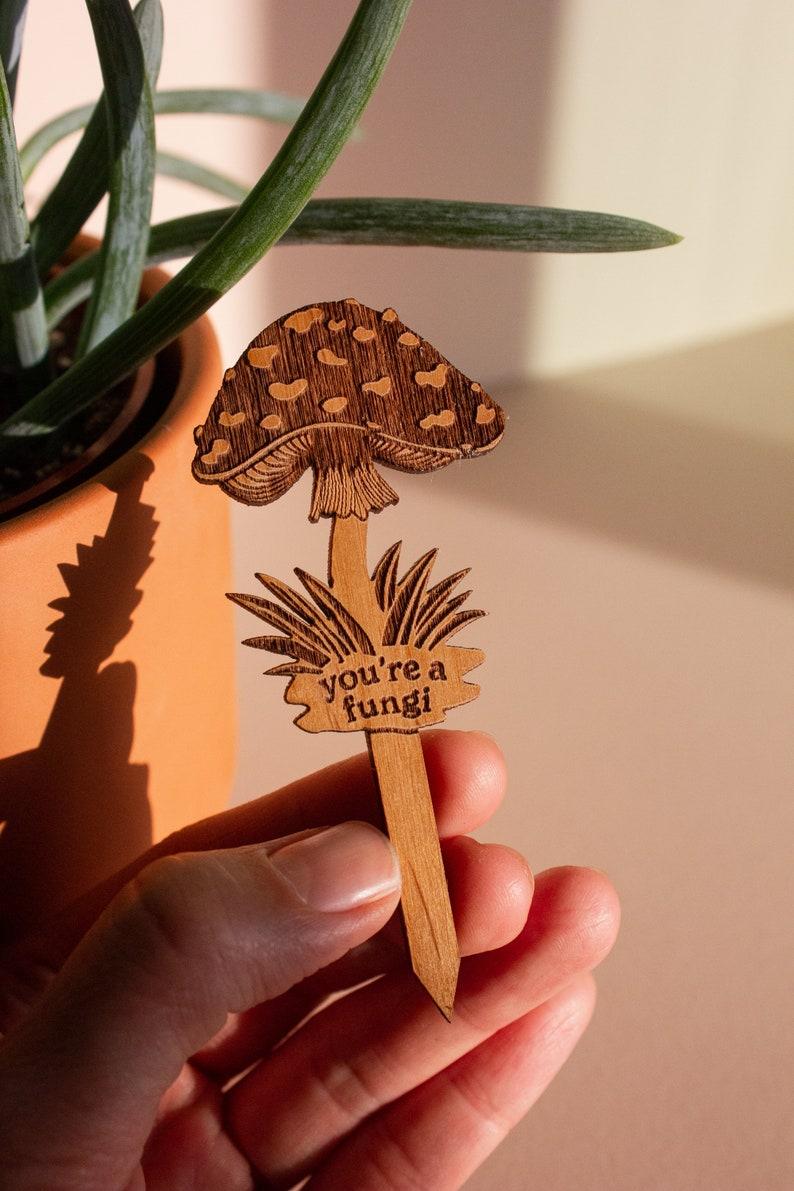 etsy You're A Fungi Mushroom Wood Plant Pick [Valentine's Day Gift for Him Plant Dad Gift for Husband Plant Lovers Boyfriend Housewarming]