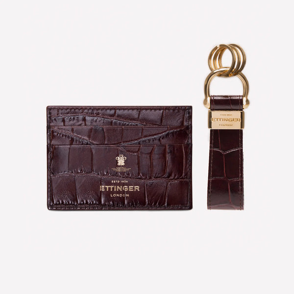 Ettinger Croco Flat Credit Card Case & Stirrup Keyring Ebony/Black