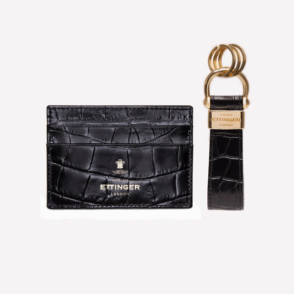 ettinger Croco Flat Credit Card Case & Stirrup Keyring Ebony/Black