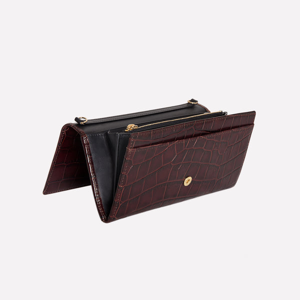 Ettinger Croco Large Flap-Over Purse Mahogany/Black