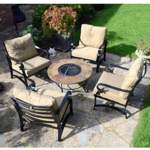 europa leisure BAYFIELD FIREPIT 89cm COFFEE Table with 4 WINDSOR DELUXE LOUNGE Chair Set