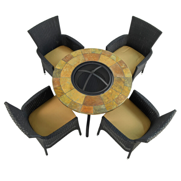 Europa Leisure BAYFIELD FIREPIT 89cm Table With 4 STOCKHOLM Black Chairs Set