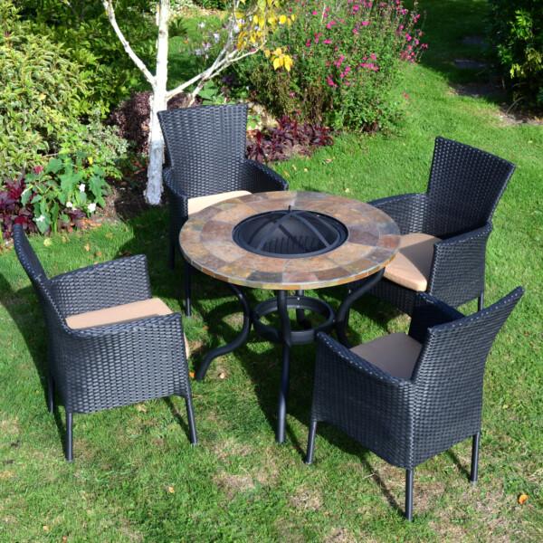europa leisure BAYFIELD FIREPIT 89cm Table with 4 STOCKHOLM Black Chairs Set