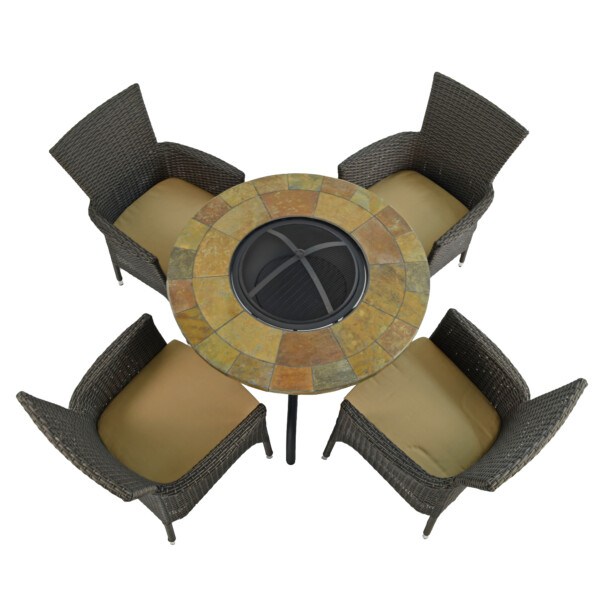 Europa Leisure BAYFIELD FIREPIT 89cm Table With 4 STOCKHOLM Brown Chairs Set
