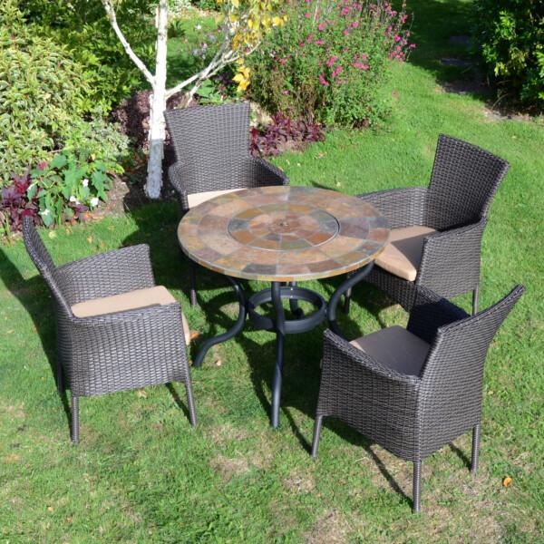 Europa Leisure BAYFIELD FIREPIT 89cm Table With 4 STOCKHOLM Brown Chairs Set