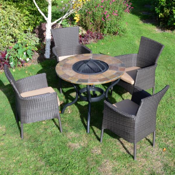 europa leisure BAYFIELD FIREPIT 89cm Table with 4 STOCKHOLM Brown Chairs Set