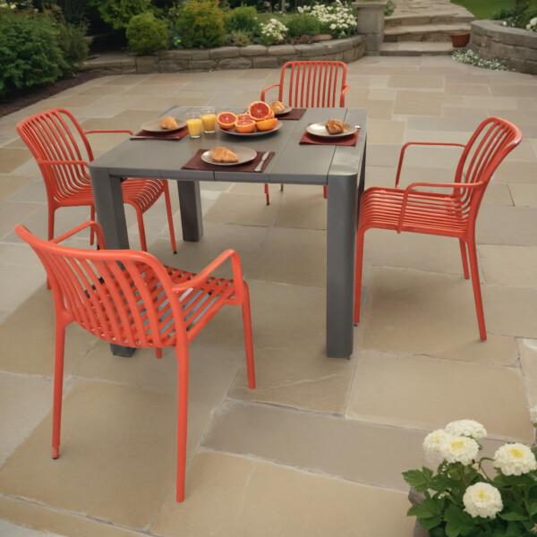europa leisure Henrik 100 Dining Table in Nickel Grey with 4 Alma Armchairs in Chilli Red - Europa Leisure (UK)