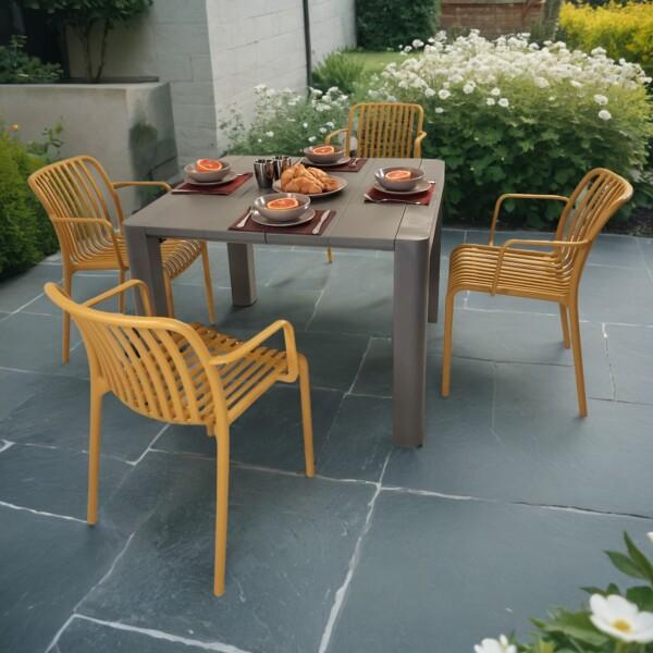 europa leisure Henrik 100 Dining Table in Nickel Grey with 4 Alma Armchairs in Saffron Yellow - Europa Leisure (UK)