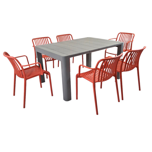 Europa Leisure Henrik 140 Dining Table In Nickel Grey With 6 Alma Armchairs In Chilli Red - Europa Leisure (UK)