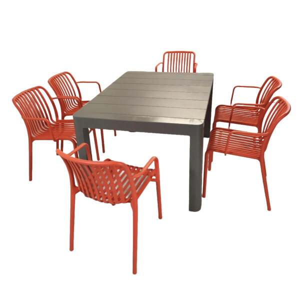 Europa Leisure Henrik 140 Dining Table In Nickel Grey With 6 Alma Armchairs In Chilli Red - Europa Leisure (UK)