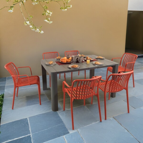 europa leisure Henrik 140 Dining Table in Nickel Grey with 6 Alma Armchairs in Chilli Red - Europa Leisure (UK)