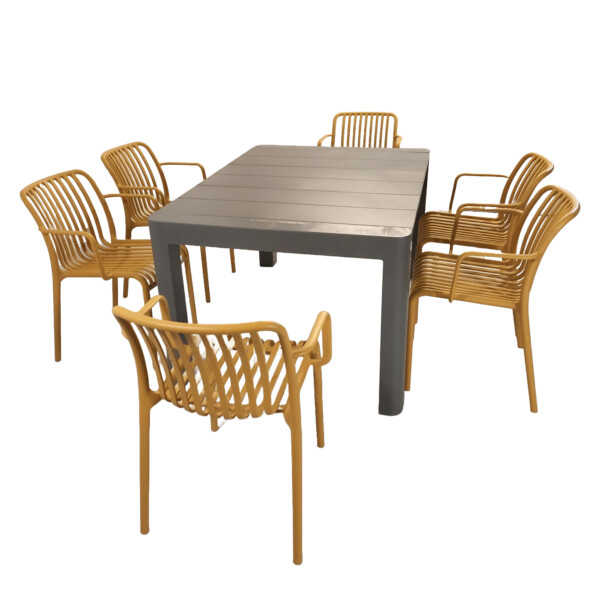 Europa Leisure Henrik 140 Dining Table In Nickel Grey With 6 Alma Armchairs In Saffron Yellow - Europa Leisure (UK)