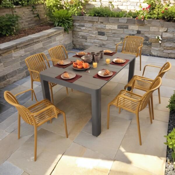 europa leisure Henrik 140 Dining Table in Nickel Grey with 6 Alma Armchairs in Saffron Yellow - Europa Leisure (UK)