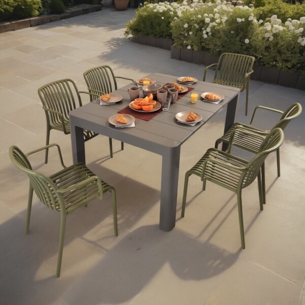 europa leisure Henrik 140 Dining Table in Nickel Grey with 6 Alma Armchairs in Avocado - Europa Leisure (UK)