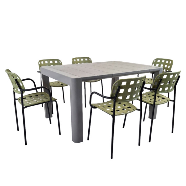 Europa Leisure Henrik 140 Dining Table In Nickel Grey With 6 Karin Armchairs In Avocado & Black - Europa Leisure (UK)