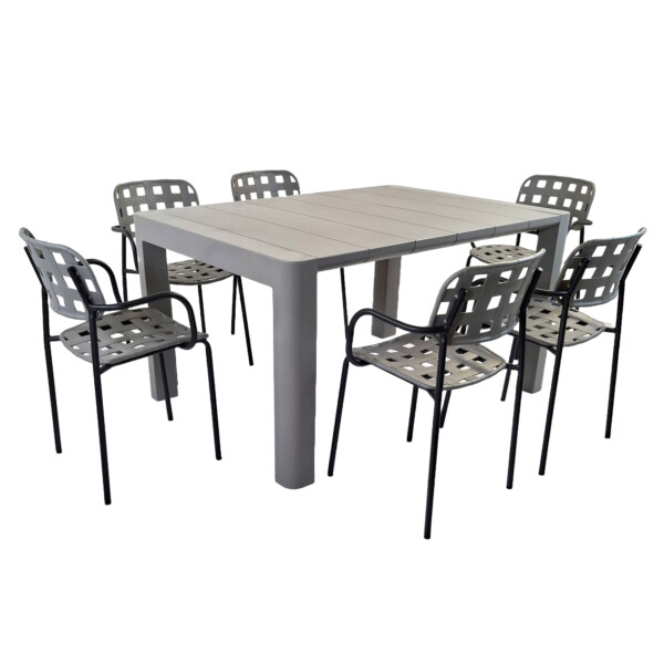 Europa Leisure Henrik 140 Dining Table In Nickel Grey With 6 Karin Armchairs In Grey & Black - Europa Leisure (UK)