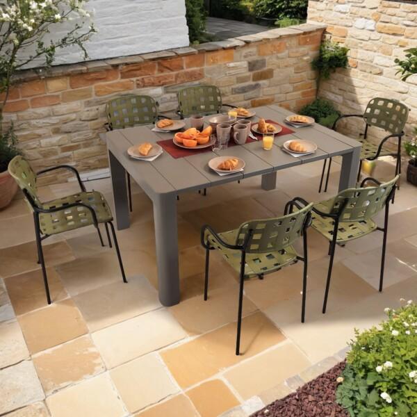 europa leisure Henrik 140 Dining Table in Nickel Grey with 6 Karin Armchairs in Avocado & Black - Europa Leisure (UK)