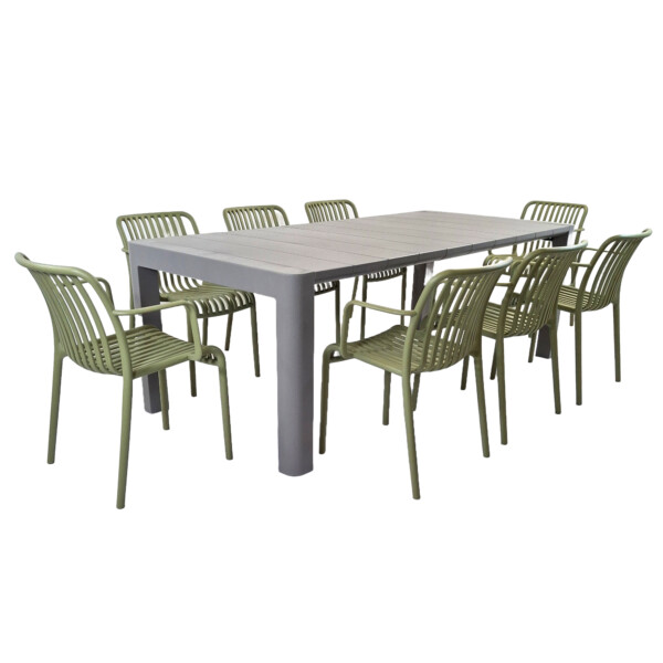 Europa Leisure Henrik 220 Dining Table In Nickel Grey With 8 Alma Armchairs In Avocado - Europa Leisure (UK)
