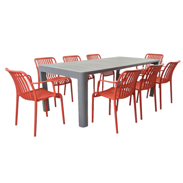 Europa Leisure Henrik 220 Dining Table In Nickel Grey With 8 Alma Armchairs In Chilli Red - Europa Leisure (UK)