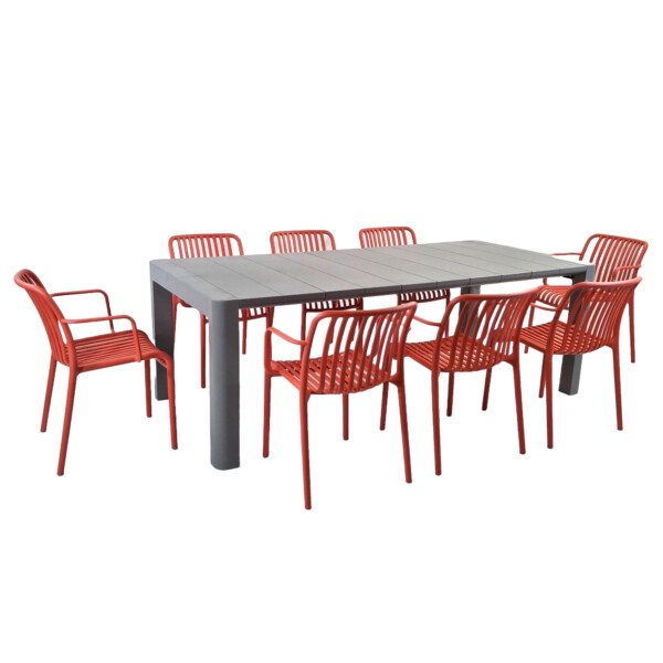 Europa Leisure Henrik 220 Dining Table In Nickel Grey With 8 Alma Armchairs In Chilli Red - Europa Leisure (UK)