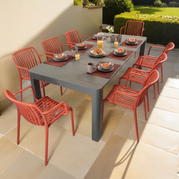 europa leisure Henrik 220 Dining Table in Nickel Grey with 8 Alma Armchairs in Chilli Red - Europa Leisure (UK)