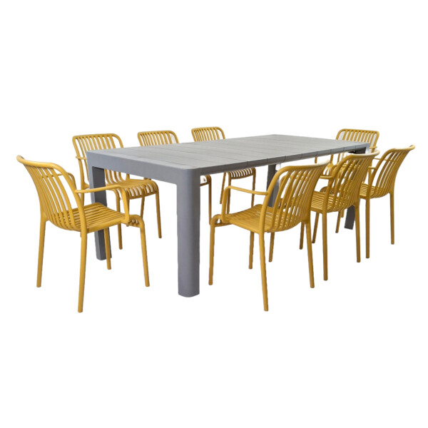 Europa Leisure Henrik 220 Dining Table In Nickel Grey With 8 Alma Armchairs In Saffron Yellow - Europa Leisure (UK)