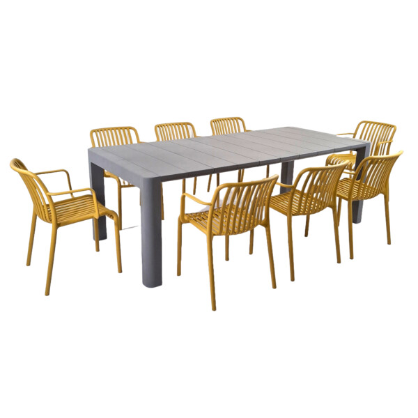 Europa Leisure Henrik 220 Dining Table In Nickel Grey With 8 Alma Armchairs In Saffron Yellow - Europa Leisure (UK)