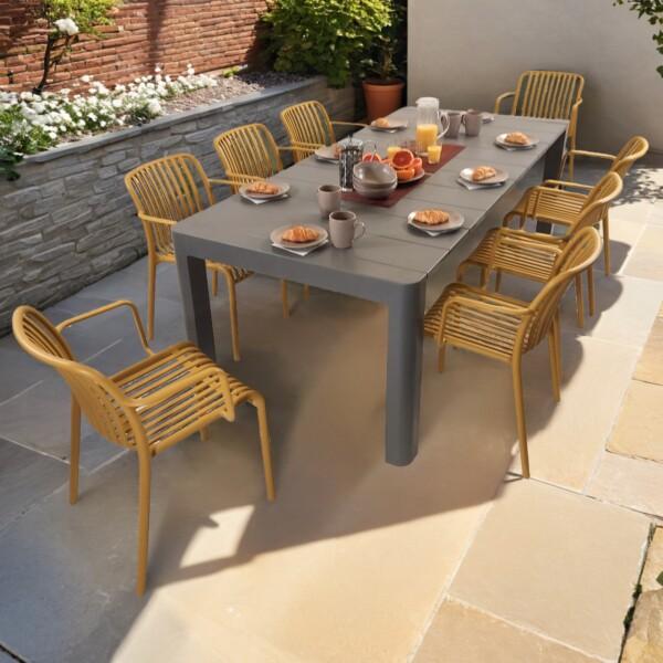 europa leisure Henrik 220 Dining Table in Nickel Grey with 8 Alma Armchairs in Saffron Yellow - Europa Leisure (UK)