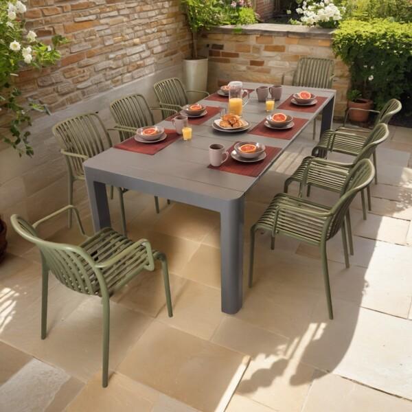 europa leisure Henrik 220 Dining Table in Nickel Grey with 8 Alma Armchairs in Avocado - Europa Leisure (UK)