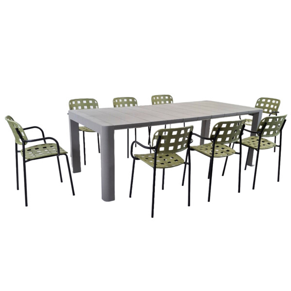 Europa Leisure Henrik 220 Dining Table In Nickel Grey With 8 Karin Armchairs In Avocado & Black - Europa Leisure (UK)