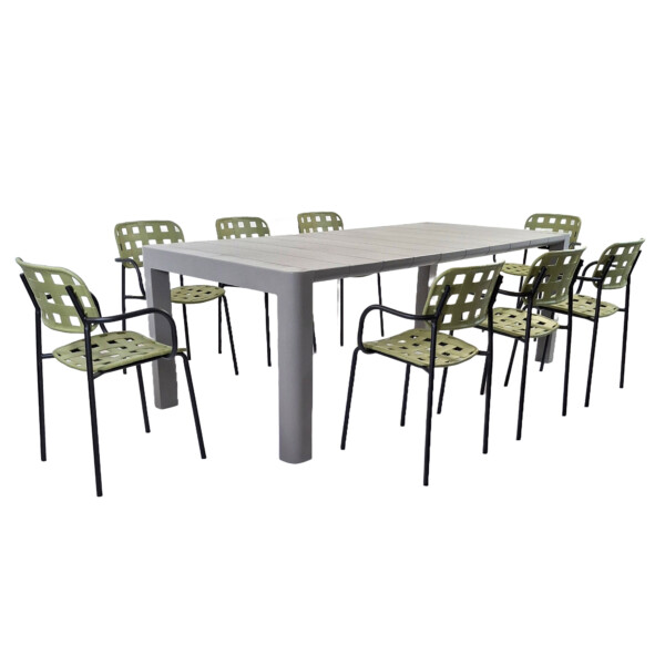 Europa Leisure Henrik 220 Dining Table In Nickel Grey With 8 Karin Armchairs In Avocado & Black - Europa Leisure (UK)