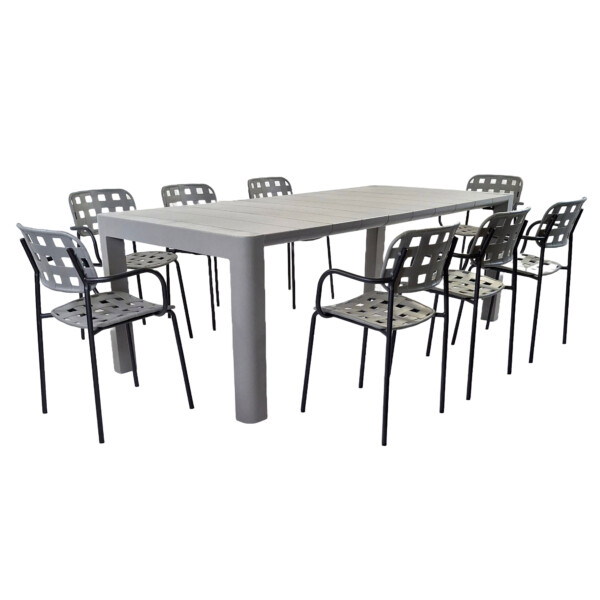 Europa Leisure Henrik 220 Dining Table In Nickel Grey With 8 Karin Armchairs In Nickel Grey Black - Europa Leisure (UK)